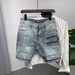 Men's Blue Slim Fit Ripped Denim Shorts Trendy Zipper Patchwork New Summer Style Five Point Pants_mkmklike.com