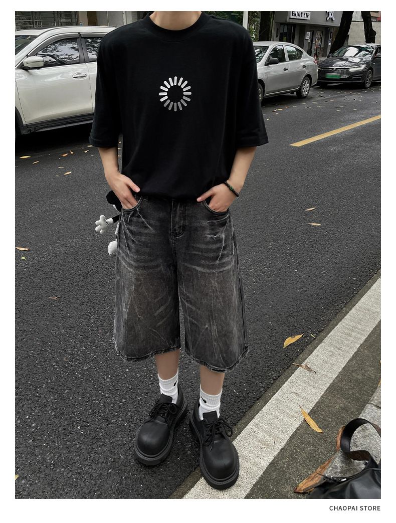 Men's American Style Lightning Crackle Pattern Cropped Jeans Summer Whiskered Washed Straight Leg Loose Fit Wide Leg 7/8 Length Shorts_mkmklike.com