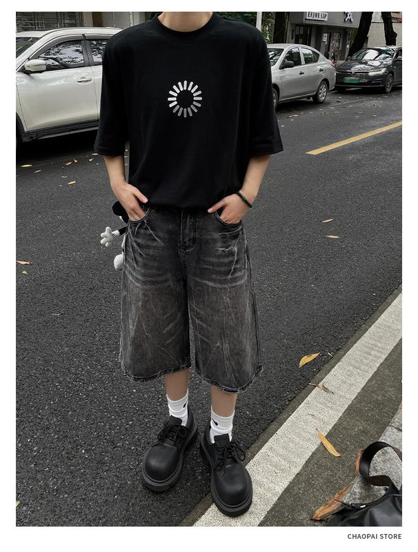 Men's American Style Lightning Crackle Pattern Cropped Jeans Summer Whiskered Washed Straight Leg Loose Fit Wide Leg 7/8 Length Shorts_mkmklike.com
