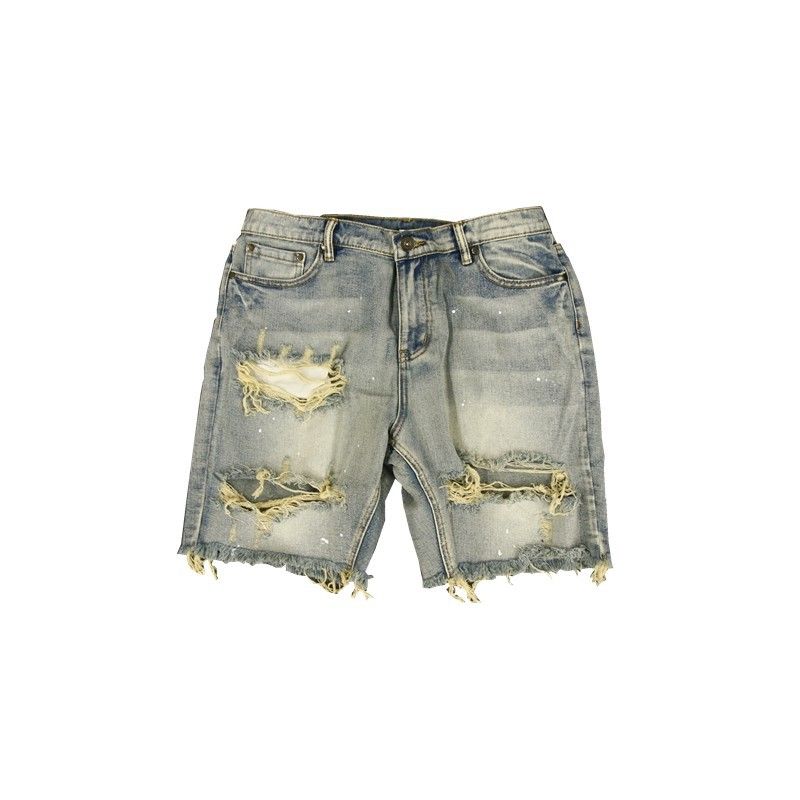 KANYE High Street Washed Distressed Denim Shorts Loose Casual Wide Leg Cotton Midweight Black Blue FOG Splatter Paint_mkmklike.com