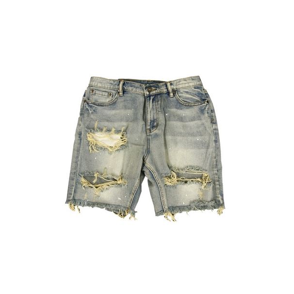KANYE High Street Washed Distressed Denim Shorts Loose Casual Wide Leg Cotton Midweight Black Blue FOG Splatter Paint_mkmklike.com