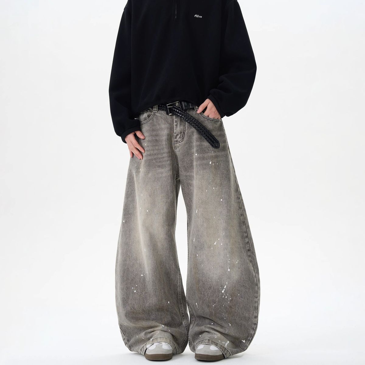 Retro Washed Distressed Gray Splatter Paint Curved Blade Loose Jeans Mid Waist Wide Leg Cotton Pants For Men And Women Spring Autumn_mkmklike.com