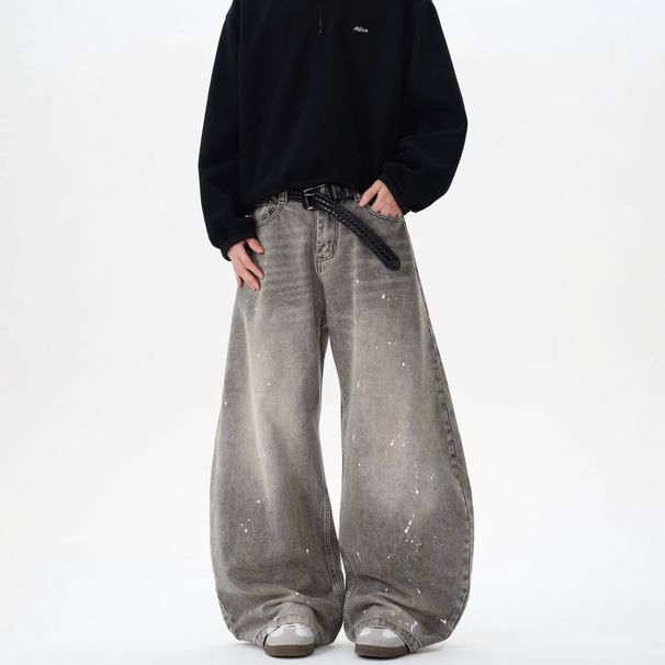 Retro Washed Distressed Gray Splatter Paint Curved Blade Loose Jeans Mid Waist Wide Leg Cotton Pants For Men And Women Spring Autumn_mkmklike.com