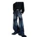 Slub Texture Curved Hem Denim Jeans Unisex Straight Leg Vintage Washed Distressed Casual Pants Unisex Straight Leg Cut_mkmklike.com
