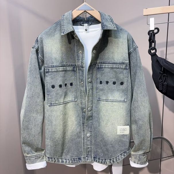 Men's Trendy Distressed Washed Denim Jacket Lapel Spring Autumn New Arrival Stylish Simple Design Trendy Shirt_mkmklike.com