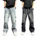 Studded Couple Jeans Trendy Spring Autumn Distressed Long Pants Gradient Faded Finish Floor Length Drawstring Elastic Waist_mkmklike.com