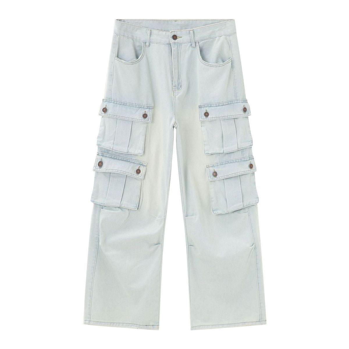 EF JEANS | 2024 New American Street Trend Light Color Washed Multi-Pocket Jeans Overalls Wide Legs_mkmklike.com