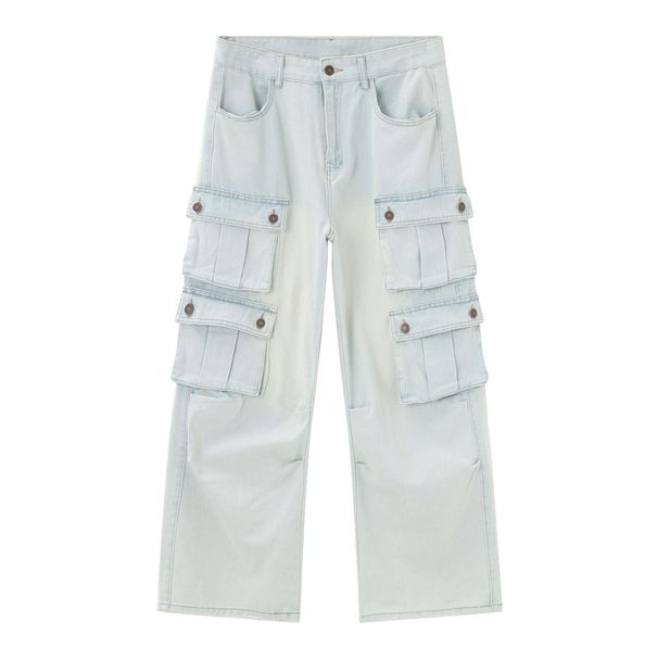 EF JEANS | 2024 New American Street Trend Light Color Washed Multi-Pocket Jeans Overalls Wide Legs_mkmklike.com