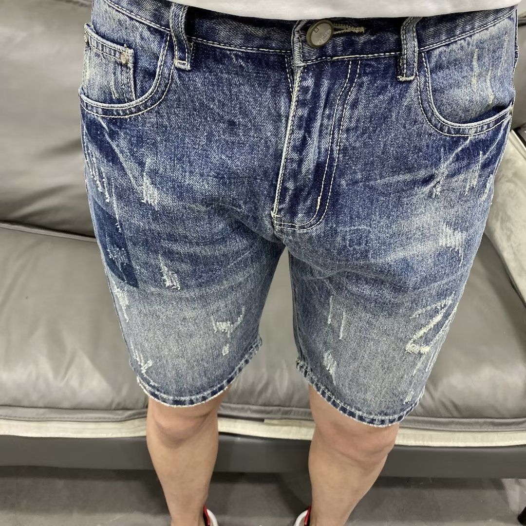 Vintage Light Blue Labeled Men's Denim Shorts - Slim Fit Stretch Summer Casual Shorts With Distressed Wash_mkmklike.com