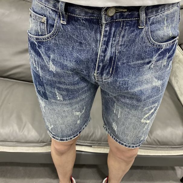 Vintage Light Blue Labeled Men's Denim Shorts - Slim Fit Stretch Summer Casual Shorts With Distressed Wash_mkmklike.com