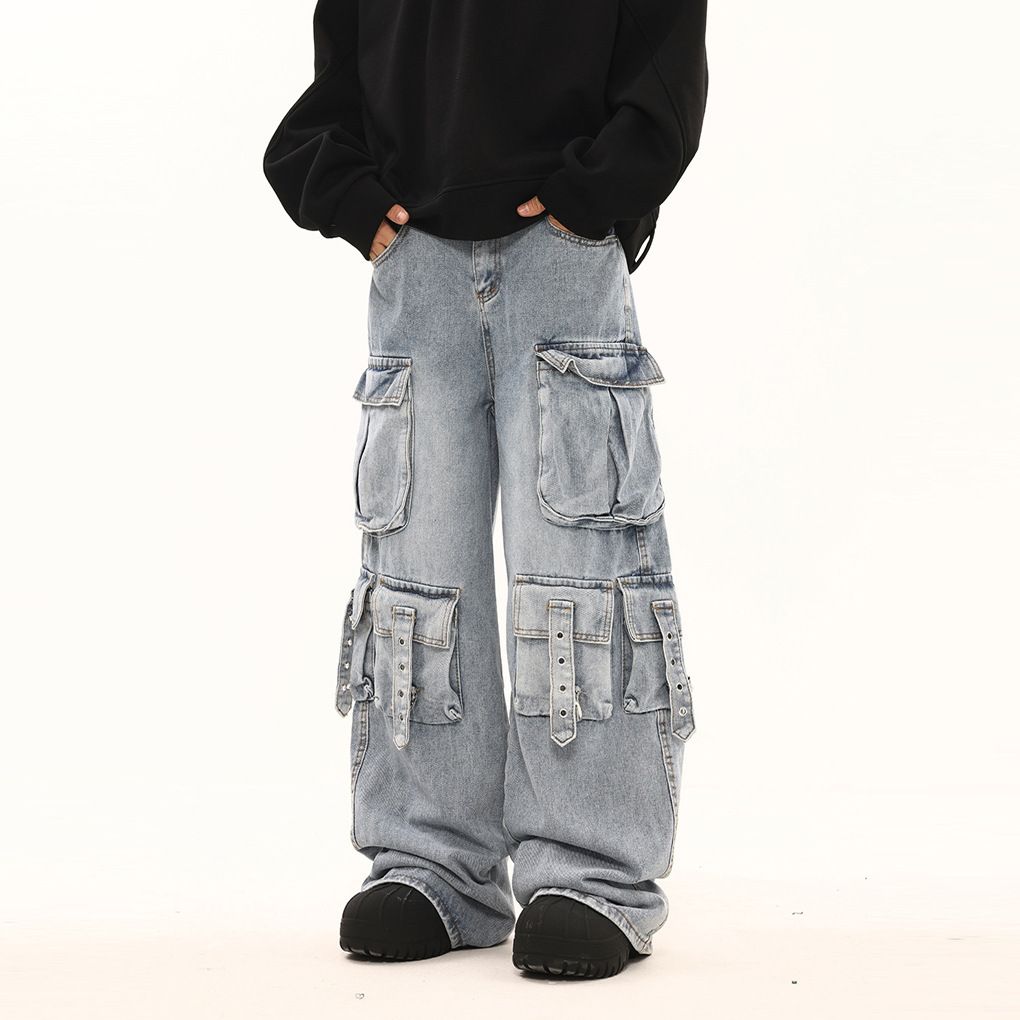 Men's Straight Leg Loose Fit Cargo Jeans Multi Pocket American High Street Style Trendy And Cool Design Long Pants_mkmklike.com