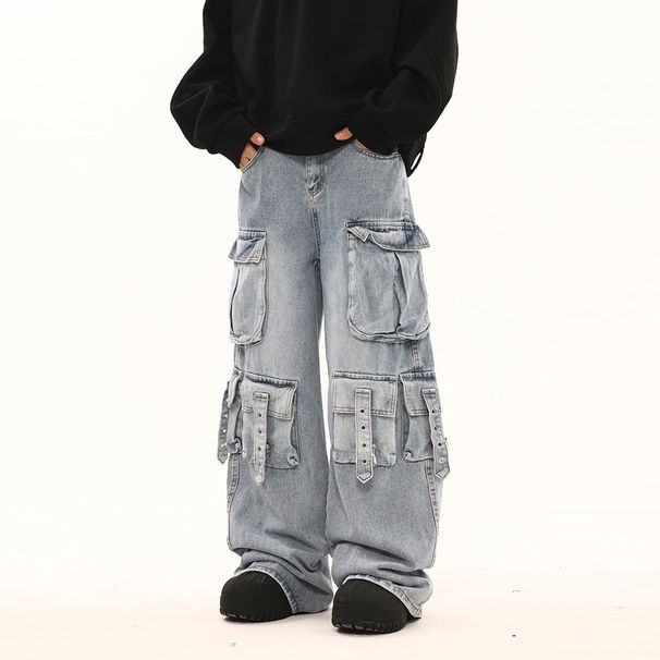 Men's Straight Leg Loose Fit Cargo Jeans Multi Pocket American High Street Style Trendy And Cool Design Long Pants_mkmklike.com