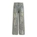 American High Street Design Sense Washed Ripped Jeans Men's Loose Straight Trendy Brand Fried Street Beggar Micro-pull Pants_mkmklike.com