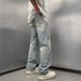 Men's Retro Washed Star Print Jeans American High Street Style Trendy Loose Straight Leg Trousers Cool Distressed Straight-Leg Jeans_mkmklike.com