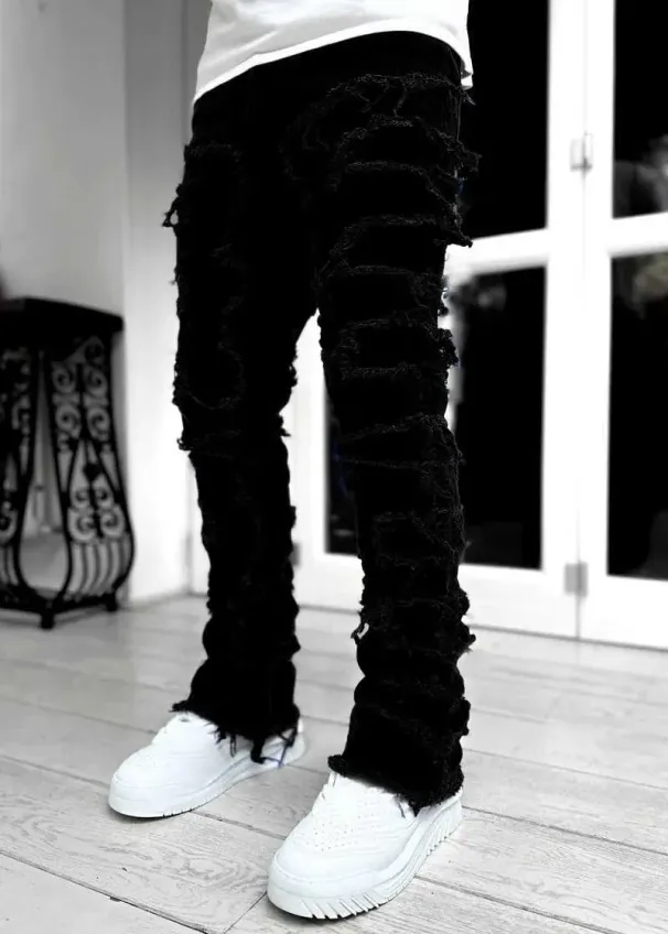 Men's Skinny Fringe Hip-hop R Edge Elastic Patch Punk Rock Long Tight Fit Stacked Jeans Denim Pants Blue Pink_mkmklike.com