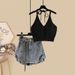 Women's Clothing Summer Outfit Complete Set New Sun Protection Shirt Slimming Halter Neck Suspenders Denim Skirt Three Piece Set_mkmklike.com