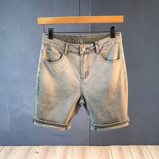 Men's Clothing High End Summer New Retro Distressed Denim Shorts Men's Slim Fit Trendy Casual Mid Length Pants Stretch Five Point Pants Trendy_mkmklike.com