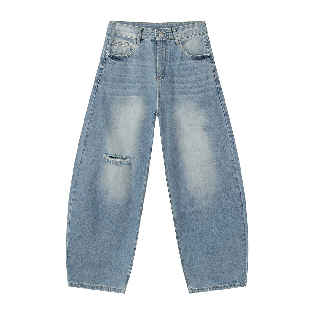 Men's Clothing Korean Style Distressed High Street Ripped Retro Whitened Fashion Loose Denim Scimitar Pants Trend_mkmklike.com