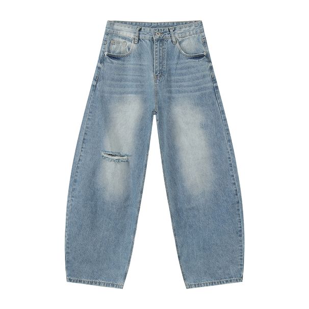 Men's Clothing Korean Style Distressed High Street Ripped Retro Whitened Fashion Loose Denim Scimitar Pants Trend_mkmklike.com
