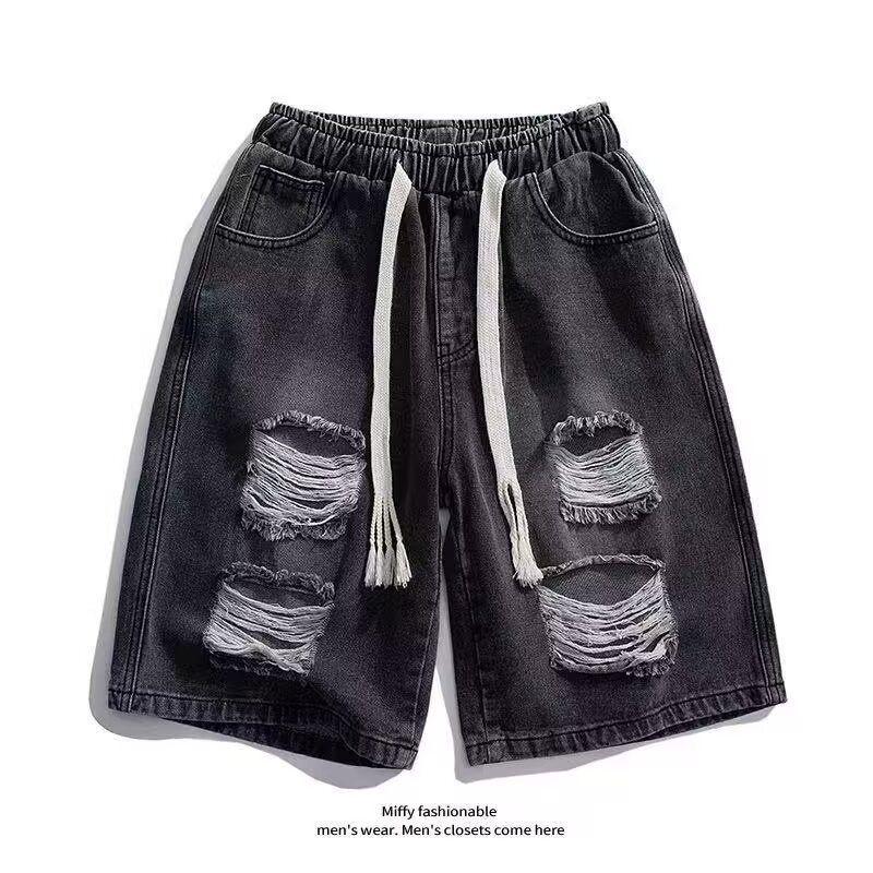 Men's Clothing Drawstring Elastic Waist Ripped Denim Shorts Street Fashion Wide Leg Straight Casual Five Point Shorts_mkmklike.com