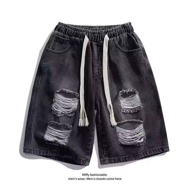 Men's Clothing Drawstring Elastic Waist Ripped Denim Shorts Street Fashion Wide Leg Straight Casual Five Point Shorts_mkmklike.com