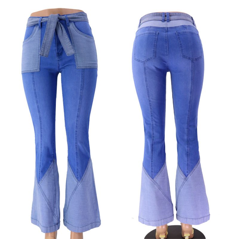 Women’s Clothing High Waist Two Color Splicing Belt High Quality Spot Women's Denim Flared Pants_mkmklike.com