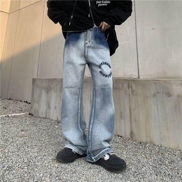 Men's Clothing Gothic Letter Embroidered Distressed Denim Jeans For Men & Women - High Street Vintage Washed Relaxed Fit Wide Leg Straight Cut_mkmklike.com