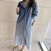 ELLE ELLE In Stock Korean Autumn Niche Design Turn-Down Collar Single-Breasted Color-Block Washed Denim Dress For Women_mkmklike.com
