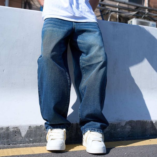 apanese Vintage Washed Denim Pants For Men - Relaxed Straight-Leg Casual Trousers With Wide Hem_mkmklike.com