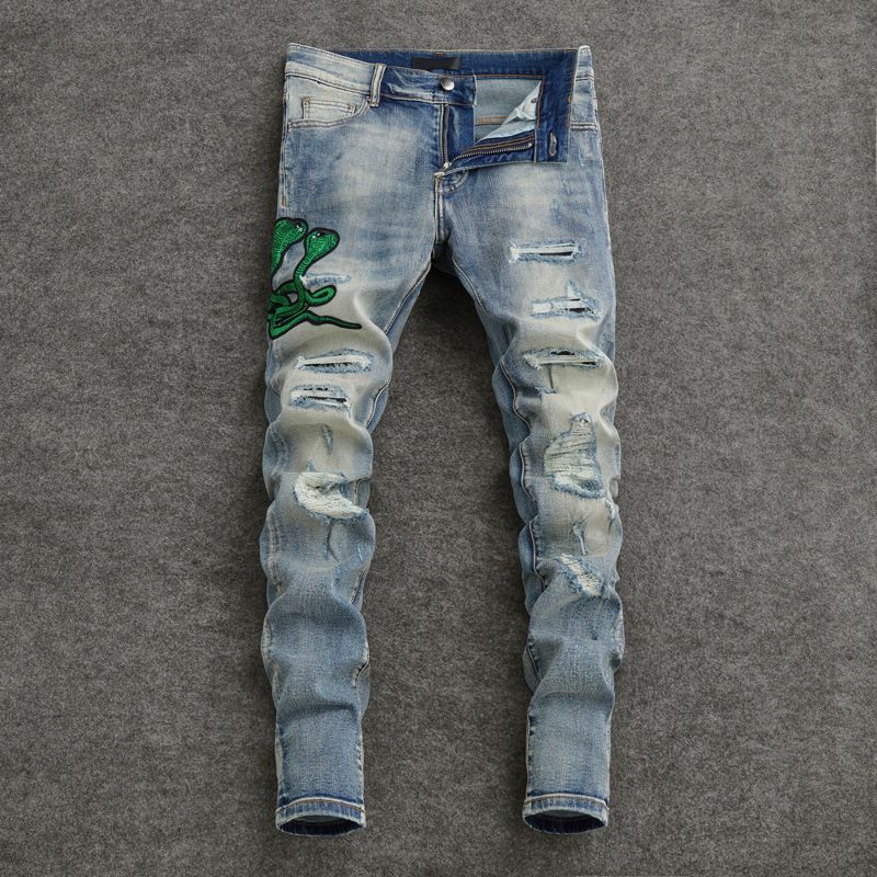 Men's Distressed Slim Fit Jeans Vintage Light Blue Washed Denim with Snake Embroidery Streetwear Skinny Jeans_mkmklike.com