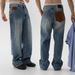 Men's Trendy Retro Patchwork Washed Distressed Blue Straight Leg Jeans Loose Fit Wide Leg Casual Trousers Stylish Design_mkmklike.com