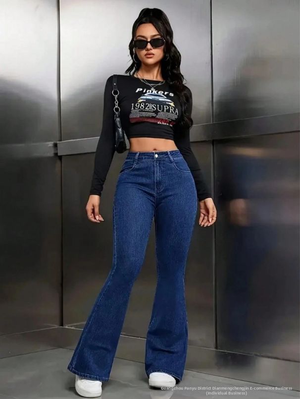 Dark Blue High-Waisted Women's Jeans Slightly Flared Stretchy Slimming Commuting Hot Pants European American Style Cross Border 2026_mkmklike.com