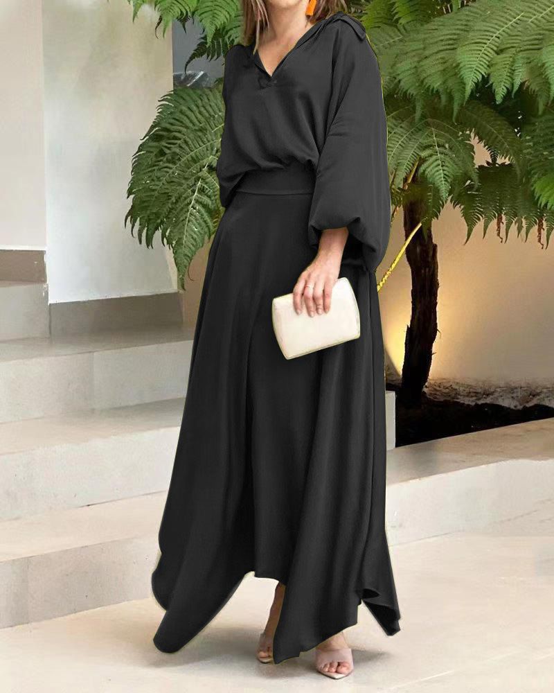 Women's Clothing Loose Large Solid Long Sleeve Top High Waist Half Body Long Dress Set_mkmklike.com