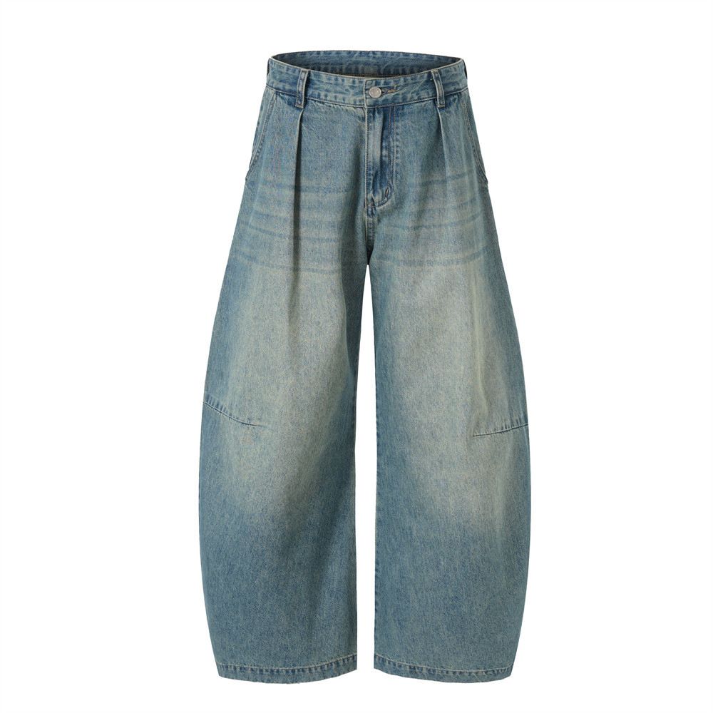 American Style Washed Vintage Scimitar Jeans For Men, Trendy High Street Pleated Loose Wide-Leg Pants_mkmklike.com