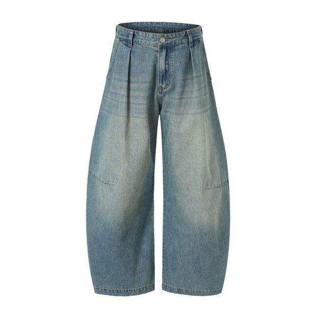 American Style Washed Vintage Scimitar Jeans For Men, Trendy High Street Pleated Loose Wide-Leg Pants_mkmklike.com