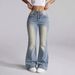 Women's Low Rise Flared Jeans European American Style Retro Washed Studded Pants Denim Casual High Waist Trousers_mkmklike.com