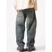 American Washed Scimitar Tooling Jeans Men's Autumn Trendy Brand Splicing Loose Wide-leg Pants High Street Straight Casual Pants_mkmklike.com