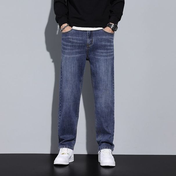 Autumn And Winter New High-end Retro Straight Men's Jeans Fleece Thickened Elastic Loose Casual Long Pants Men's Trend_mkmklike.com