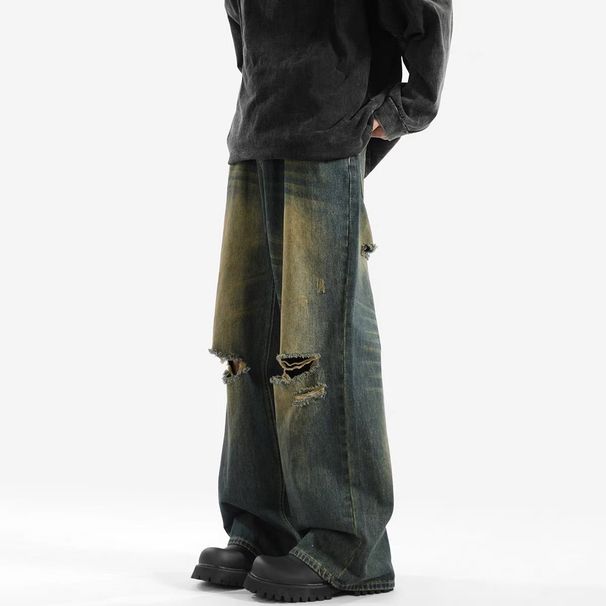 Ripped Jeans For Men Summer Thin American High Street Design Sense Niche Vintage Washed Loose Straight Long Pants_mkmklike.com