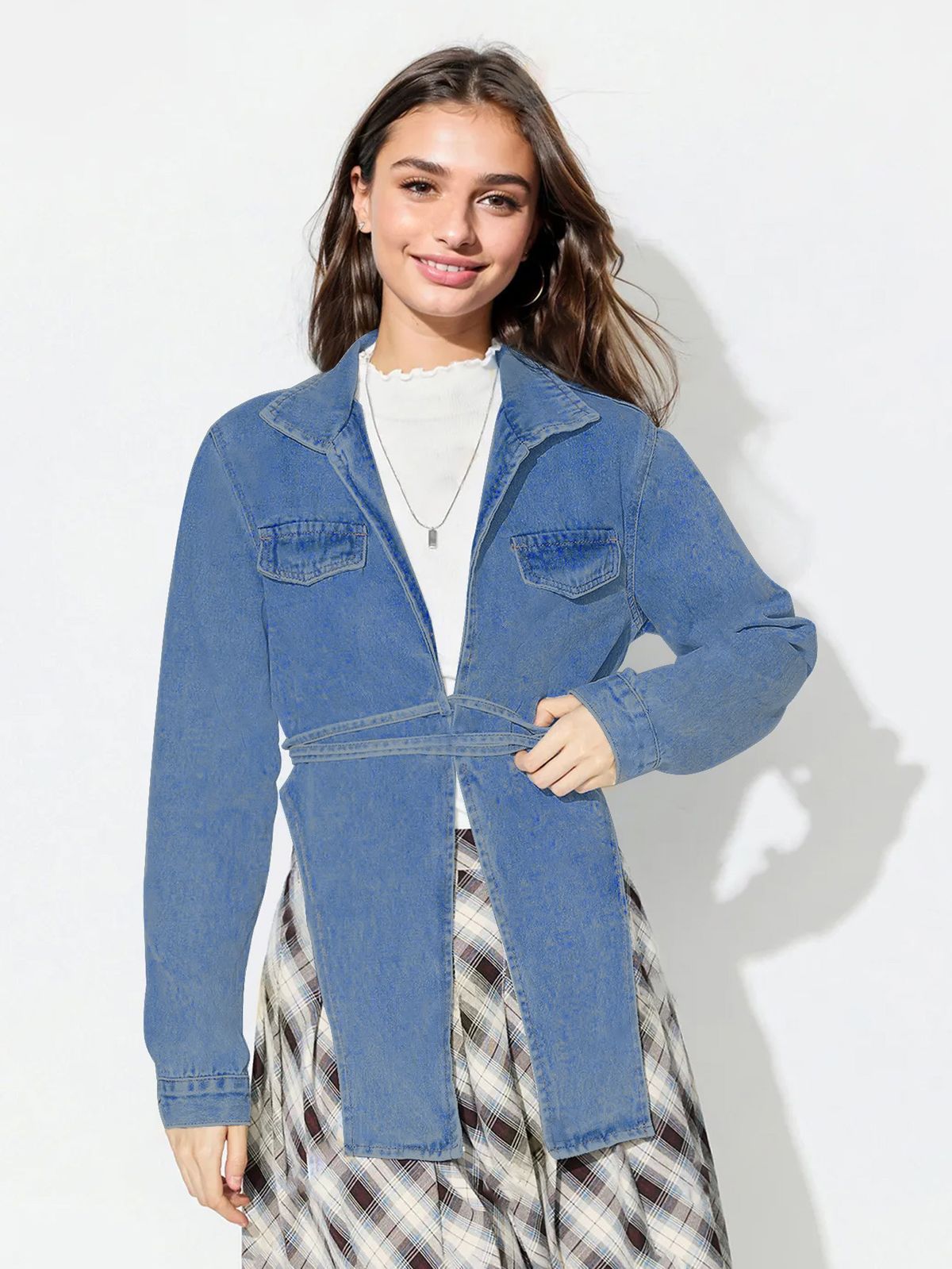 Women's Clothing Fashionable Personalized Lapel Drawstring Statement Denim – Belted Collar Long-Sleeve Shirt In Vintage Wash For Streetwear Edge_mkmklike.com