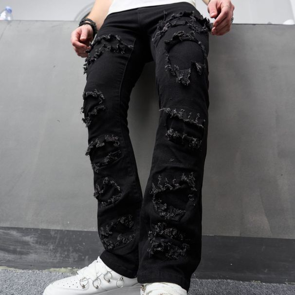 Men's Embroidered Flared Jeans – Slim Fit Black Denim Pants With Vintage Stitching For Retro & Street Style_mkmklike.com