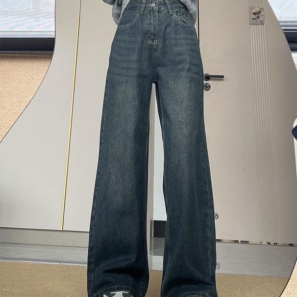 Women's High-Waisted Wide-Leg Jeans Retro Washed Plaid Design Distressed Slimming Versatile Flowy Floor-Length Trousers_mkmklike.com