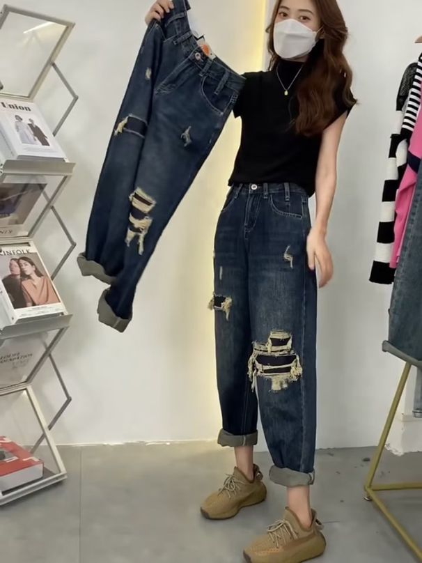 Plus-size Vintage Ripped Straight-leg Jeans For Women, New Loose-fitting Slimming High-waisted Harem-style Dad Pants_mkmklike.com