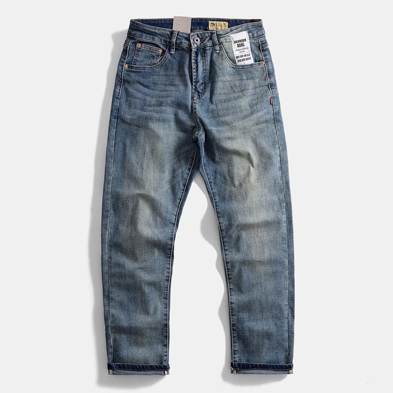 Retro Style Stretchy Denim Trousers Japanese Casual Washed Straight Leg Blue Cotton mid Waist Long Pants for Men_mkmklike.com