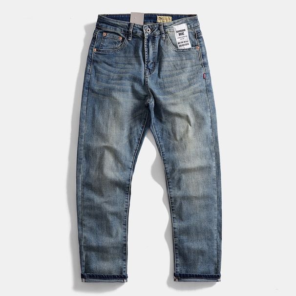 Retro Style Stretchy Denim Trousers Japanese Casual Washed Straight Leg Blue Cotton mid Waist Long Pants for Men_mkmklike.com