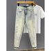 American High Street Washed Denim Jeans For Men, Slim Fit, Trendy Brand, Letter Print, Colorful Paint, Distressed, Slim Fit Straight Leg Trousers._mkmklike.com