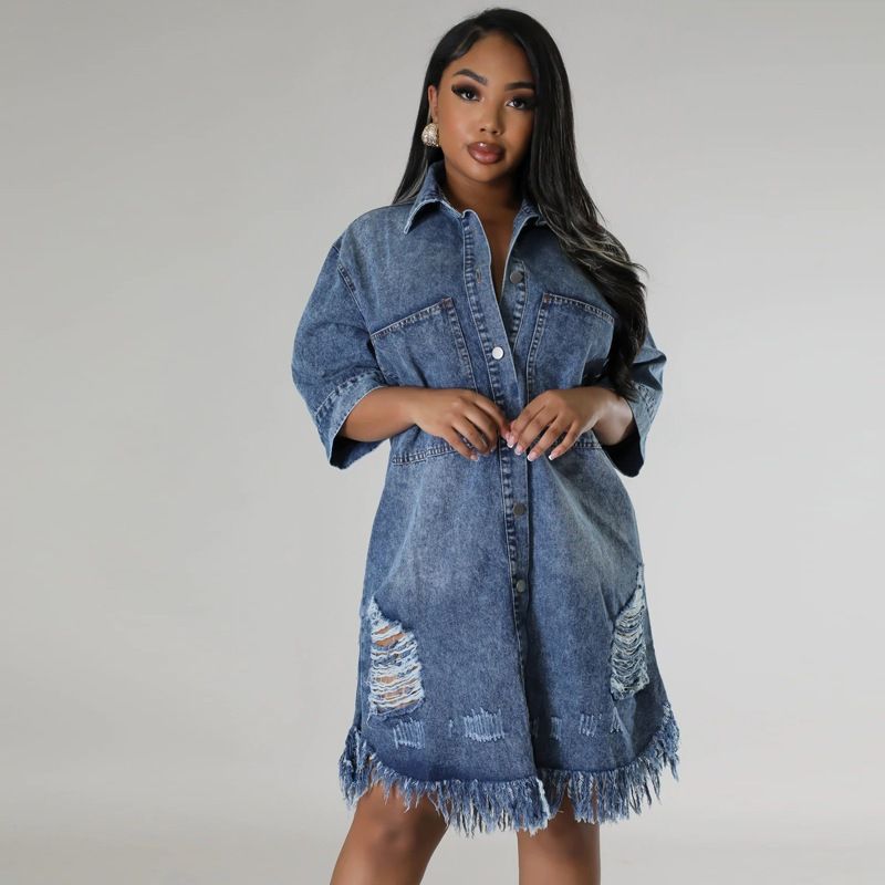 Boho Distressed Denim Jacket – Oversized Long Sleeve With Fringe & Notch Collar (Dark Blue/Light Blue, L-4XL)_mkmklike.com