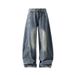 Men's Vintage Wide-Leg Jeans – Retro Blue & Black, Relaxed Fit, High Waist With Button Fly, Streetwear Essential_mkmklike.com
