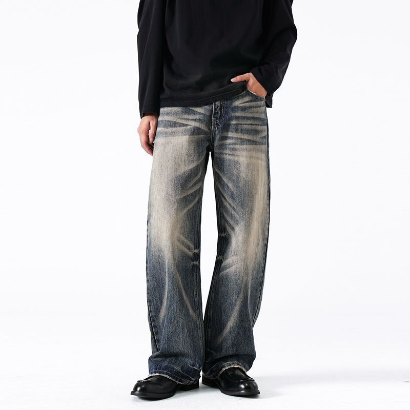 Vintage Washed Denim Jeans For Men - Classic High Waist Straight Leg Jeans With Distressed Details, Comfortable Cotton Fabric, Retro Blue_mkmklike.com