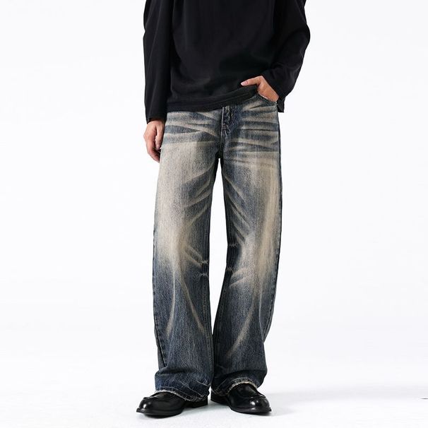 Vintage Washed Denim Jeans For Men - Classic High Waist Straight Leg Jeans With Distressed Details, Comfortable Cotton Fabric, Retro Blue_mkmklike.com